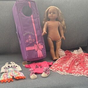 NWT  Lot of 5 bundle Doll carrier, Doll and 3 Outfits for 18" Doll
